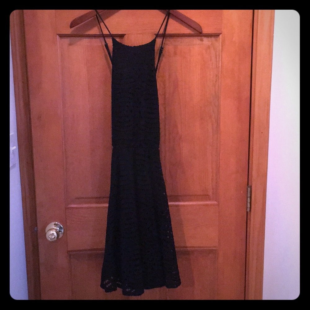 High neck black lace straps back dress